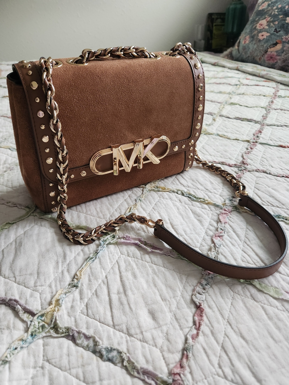 MICHAEL KORS Brown Tan Suede Gold Chain Shoulder Bag
